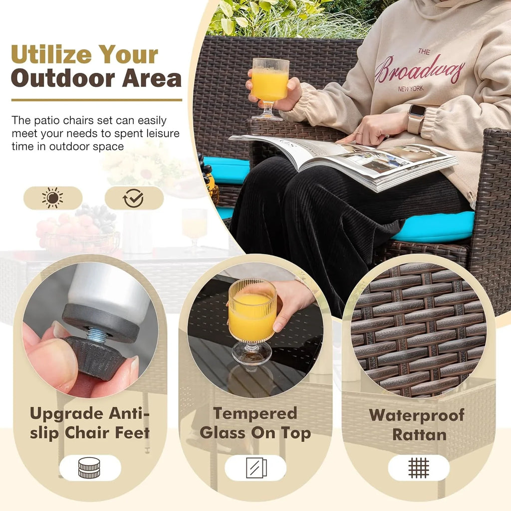 Ensemble de meubles de patio extérieur 4 pièces, ensemble de chaises en rotin et osier