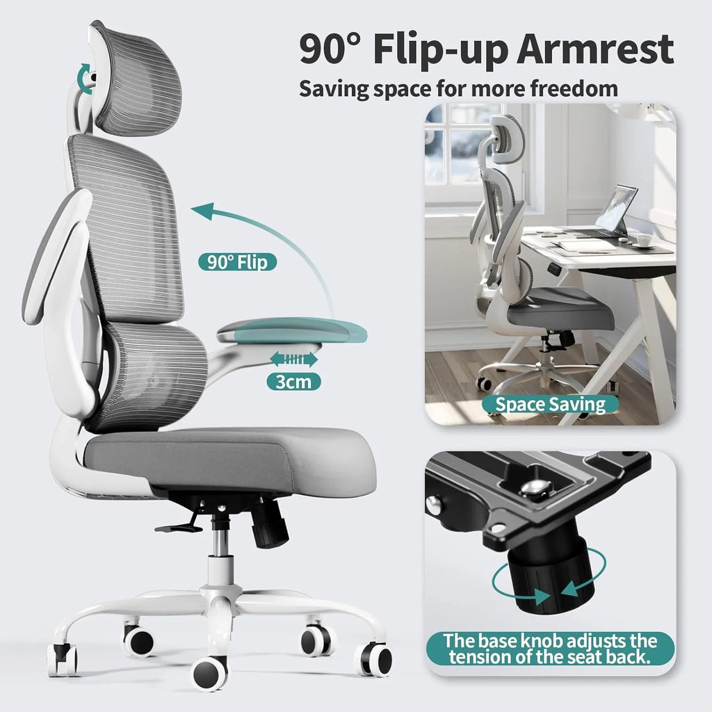 Chaise de bureau ergonomique, chaise de bureau en maille avec roulettes, capacité de charge de 150 kg, chaise de jeu confortable, dossier haut