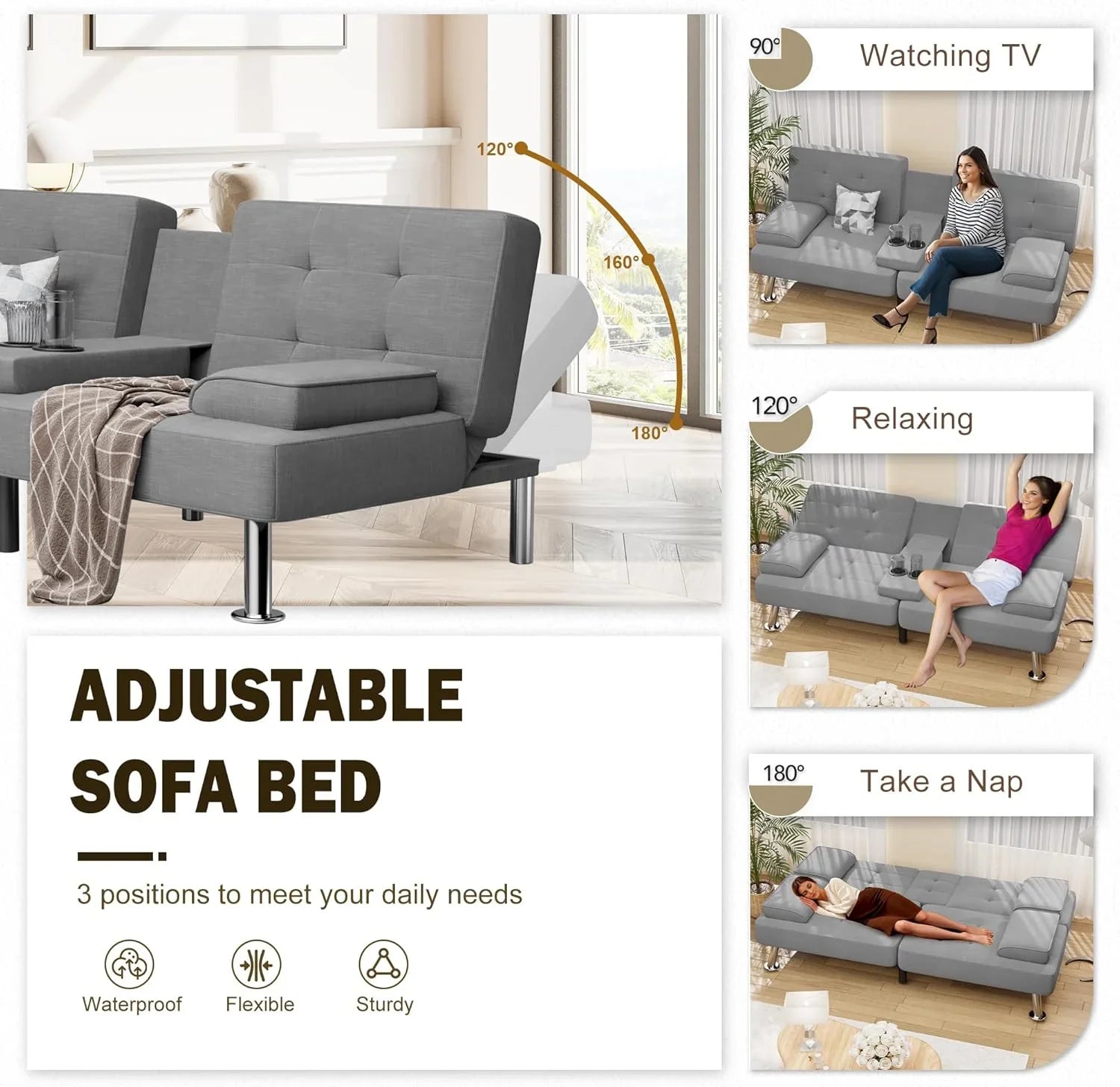 Canapé-lit futon convertible et pliable en lin moderne Shahoo avec accoudoirs amovibles, pieds en métal et 2 porte-gobelets pour le salon