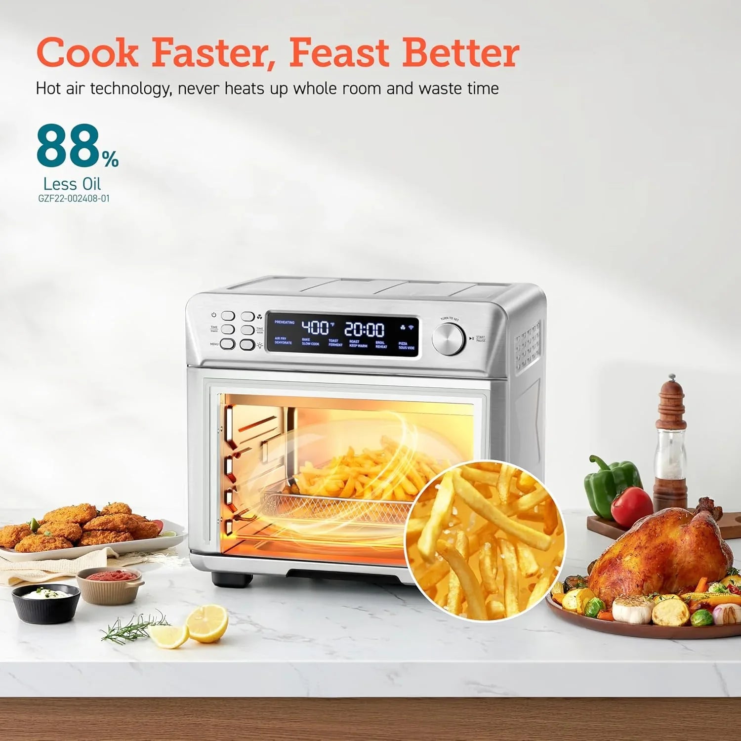 Four grille-pain combiné intelligent 12 en 1 COSORI, four à convection pour friteuse à air, cuisson au four, rôtissage, réchauffage, grillage, déshydratation, 75 recettes et 3 accessoires, 26 pintes