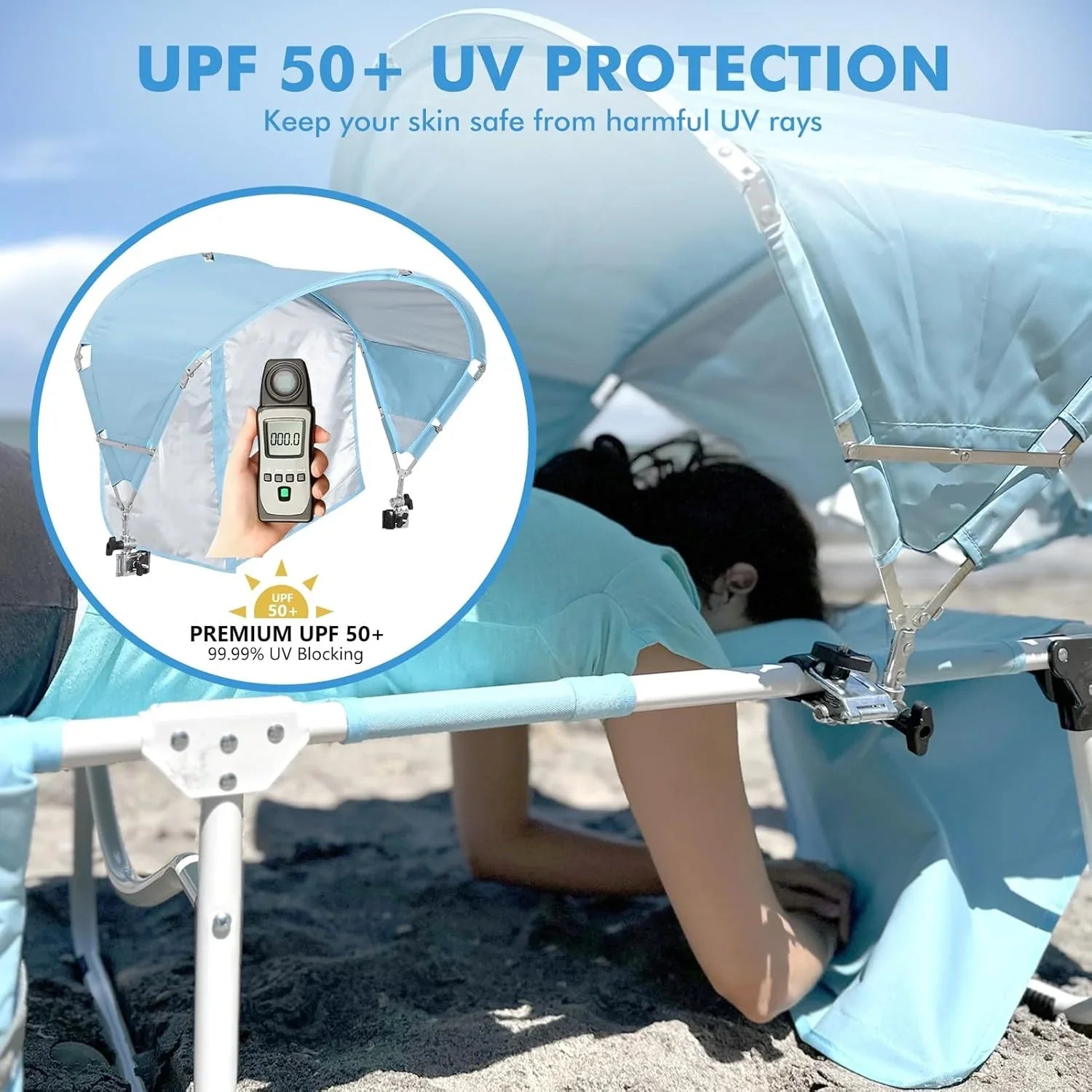 Chaise longue pliante robuste avec parasol, inclinable 5 positions, pour adultes