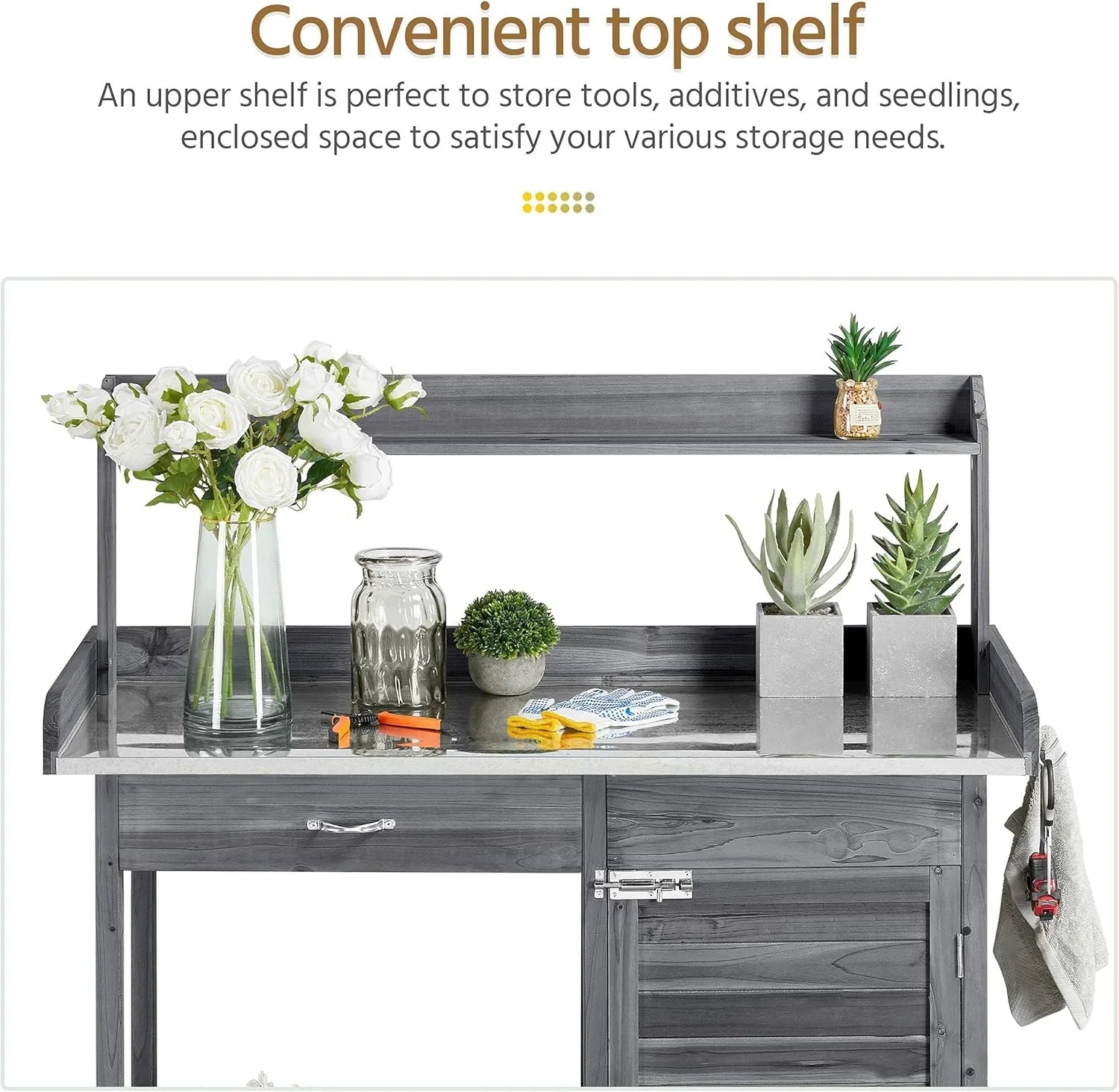 Yaheetech Banc de jardin extérieur avec plateau en métal et tiroir, étagère ouverte, bois naturel