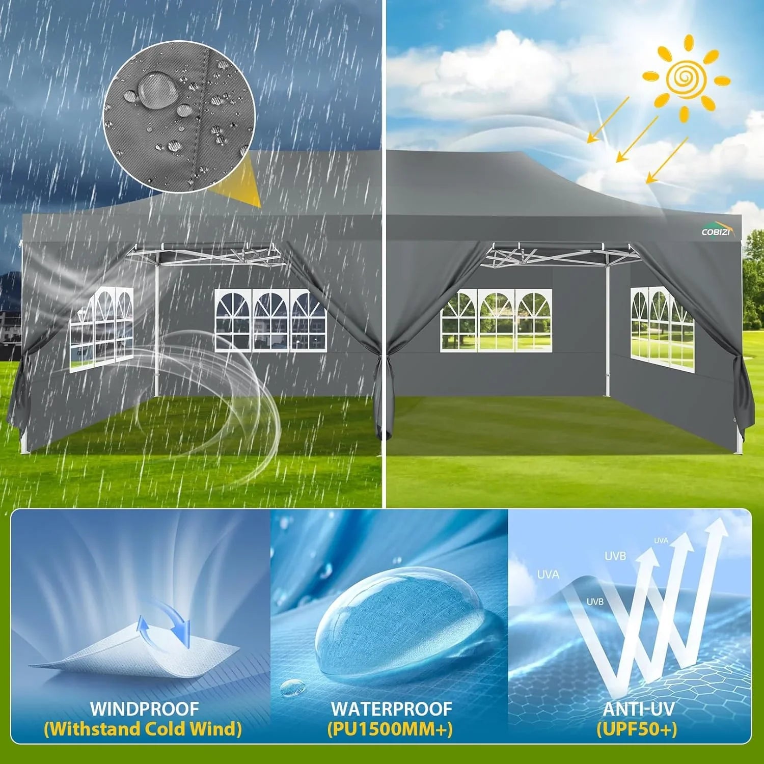 Tente pop-up robuste COBIZI 10x20 avec 6 parois latérales, facile à installer