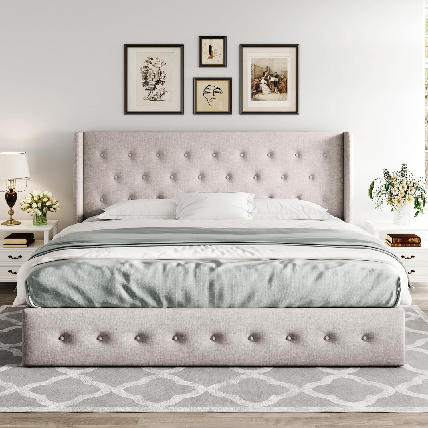 Lit queen-size relevable avec rangement Allewie, tête de lit à oreilles moderne et support hydraulique