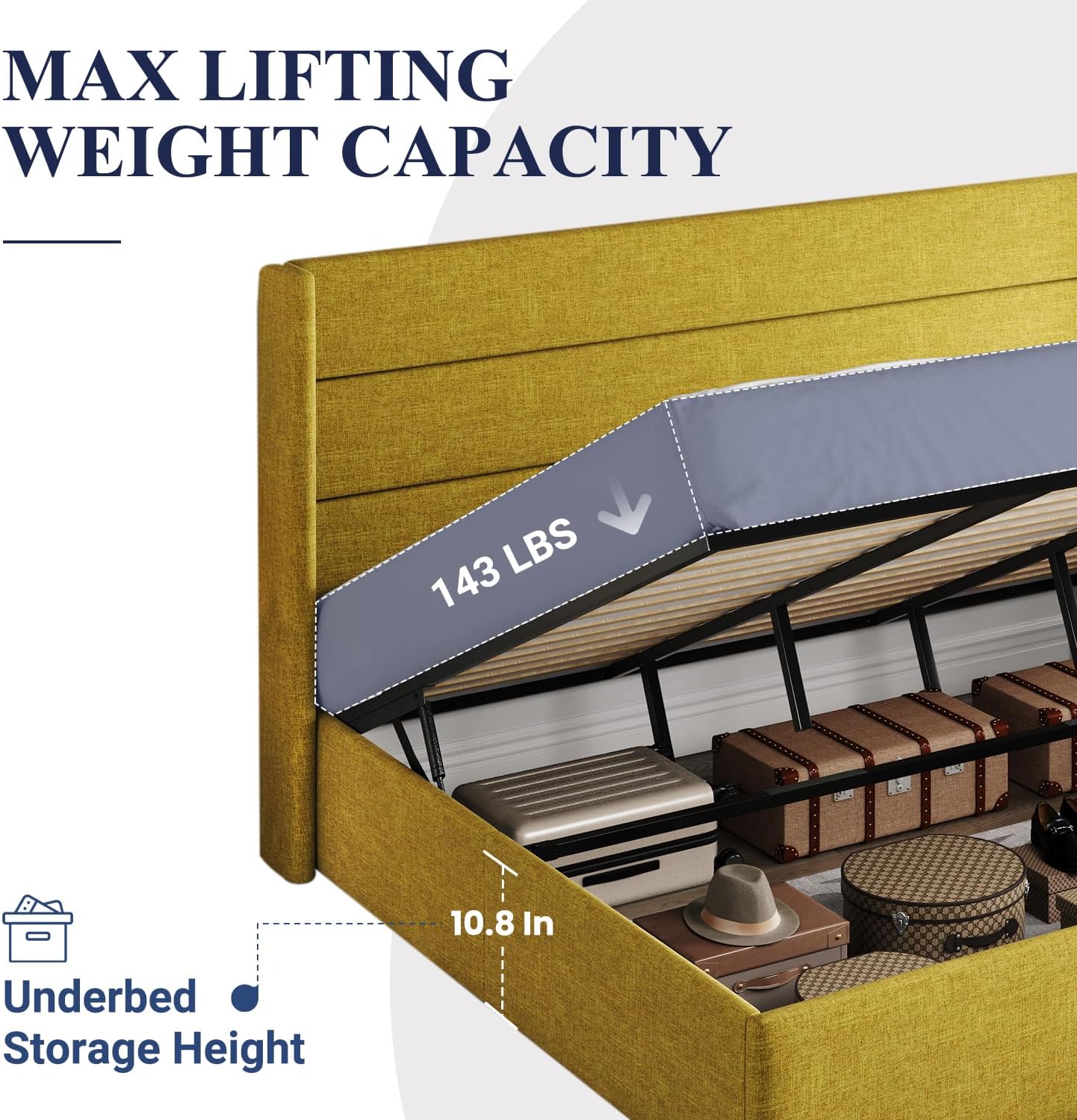 Lit queen-size relevable avec rangement Allewie, tête de lit à oreilles moderne et support hydraulique