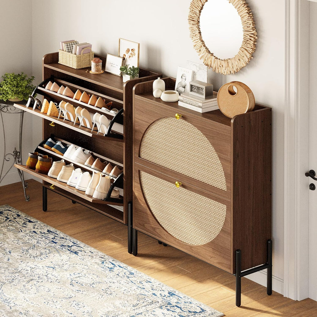 Meuble à chaussures IRONCK avec 2 tiroirs rabattables, meuble de rangement à chaussures indépendant en bois