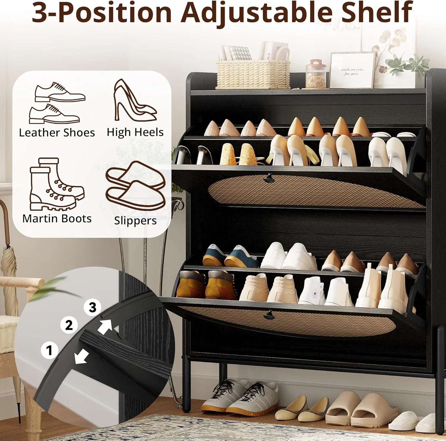 Meuble à chaussures IRONCK avec 2 tiroirs rabattables, meuble de rangement à chaussures indépendant en bois