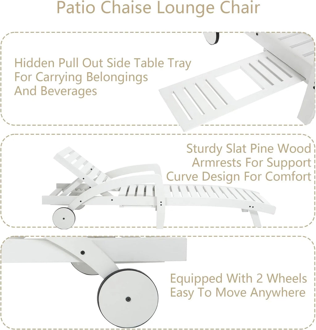 Chaise longue de piscine réglable à 5 positions Chaise longue en bois avec table d'appoint coulissante