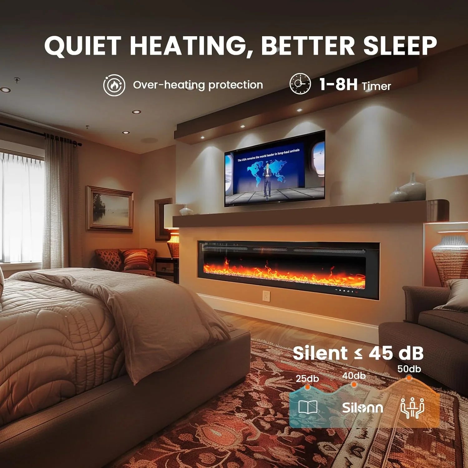 Foyer électrique intelligent de 50 po, puissance calorifique de 5 300 BTU, foyer électrique ultra-mince à montage mural ou encastré