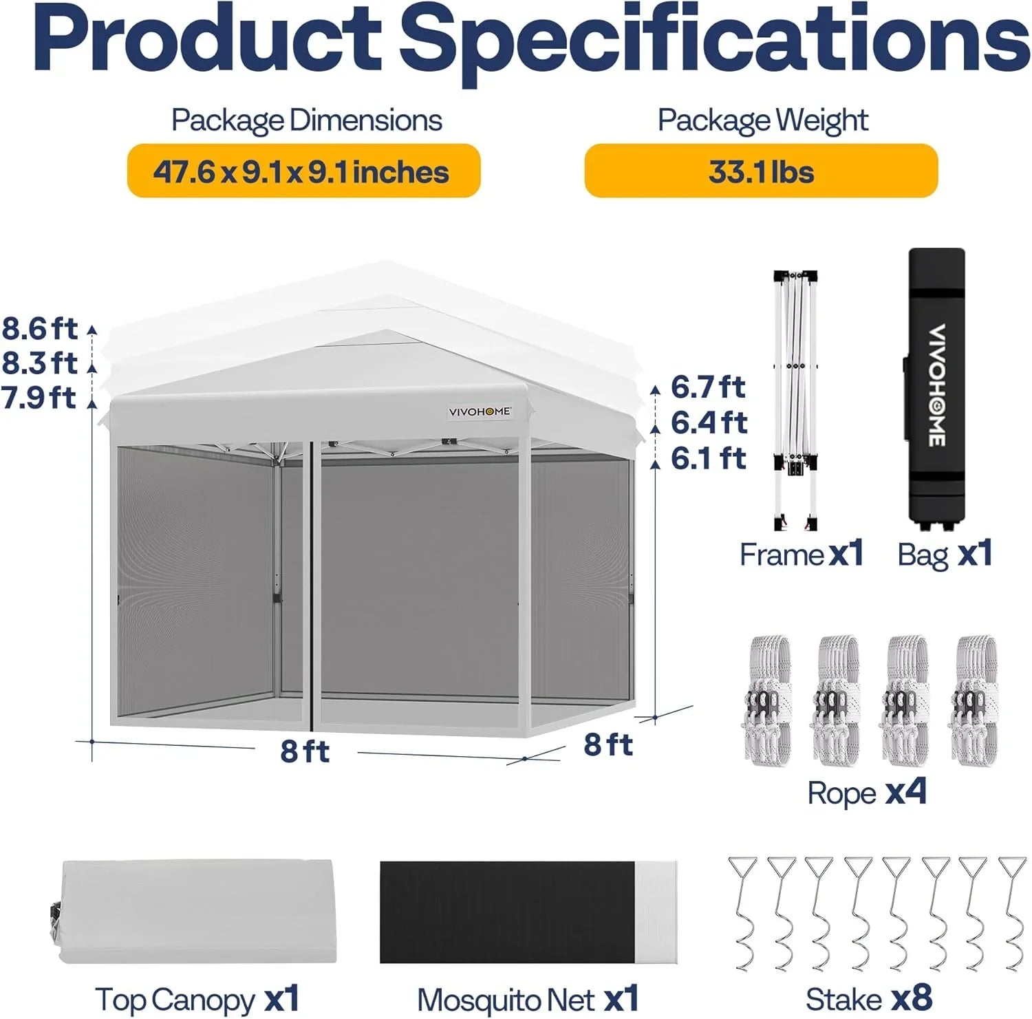 Auvent escamotable facile à monter de 10 x 10 pieds, tente moustiquaire d'extérieur avec moustiquaire, 2 portes à glissière et sac à roulettes