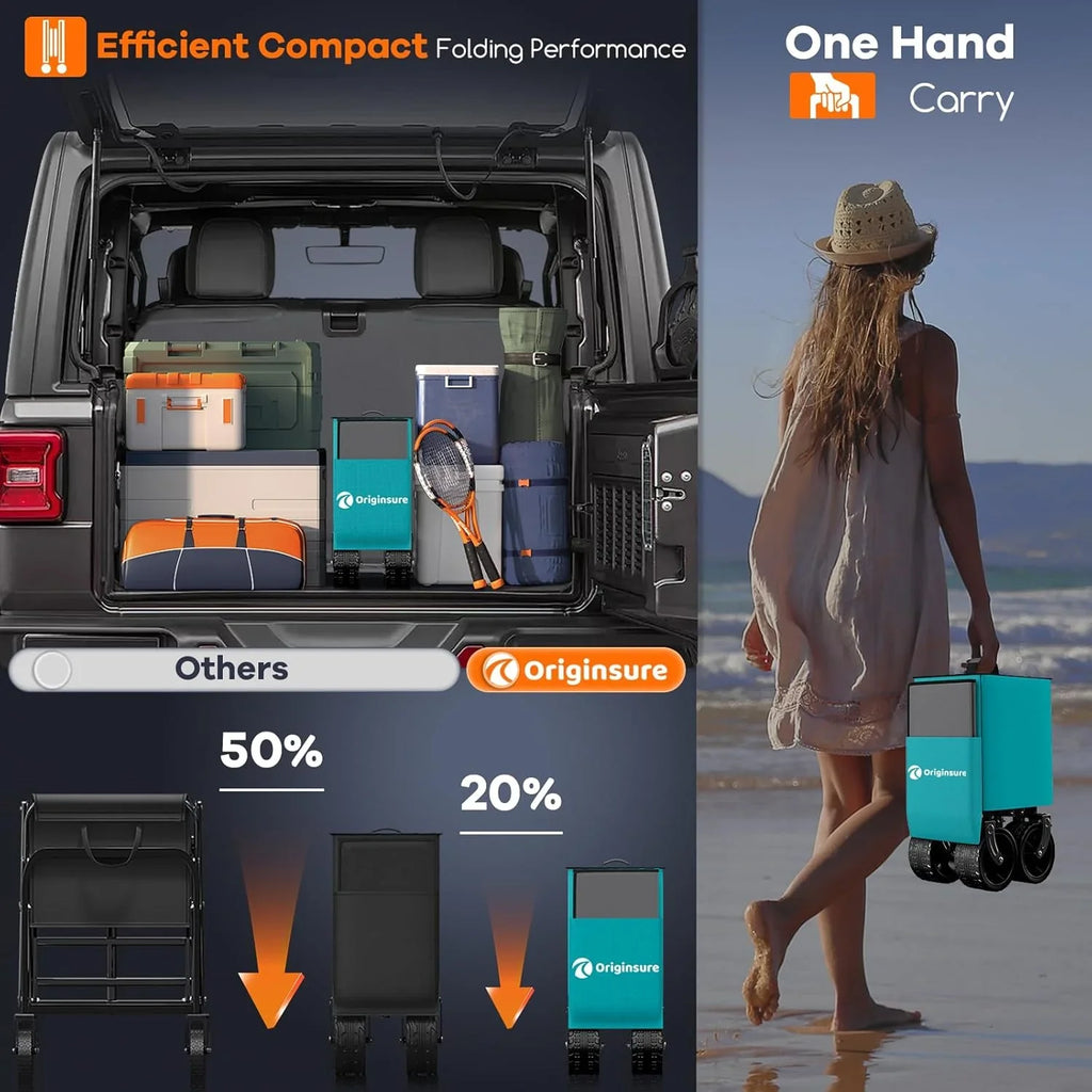 Poussette pliable à quatre roues de 96 cm de long, pliable, capacité de 200 kg, poussette de plage pliable robuste de 220 litres avec de grands pneus tout-terrain