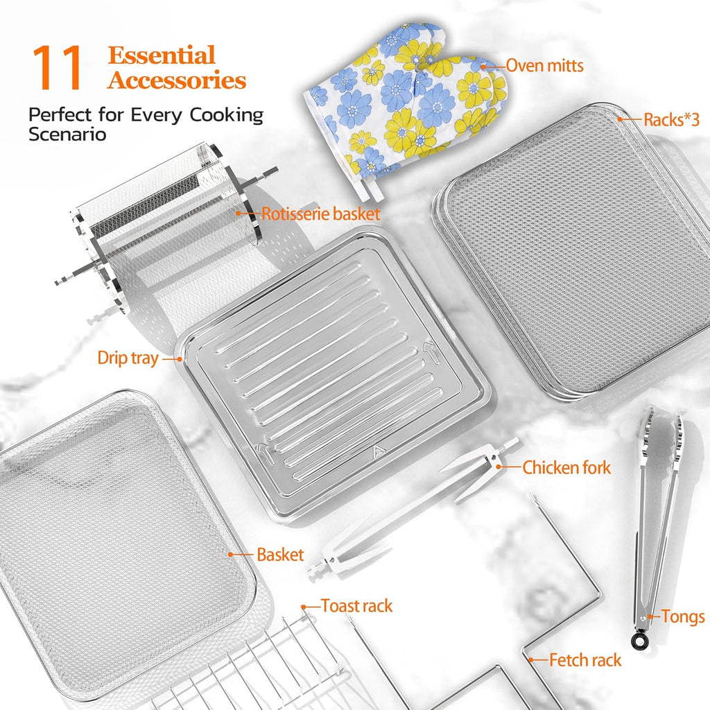 Grande friteuse à air de 20 litres, combo 10 en 1 avec fenêtre, rôtissoire, 3 grilles de déshydratation, certifiée ETL