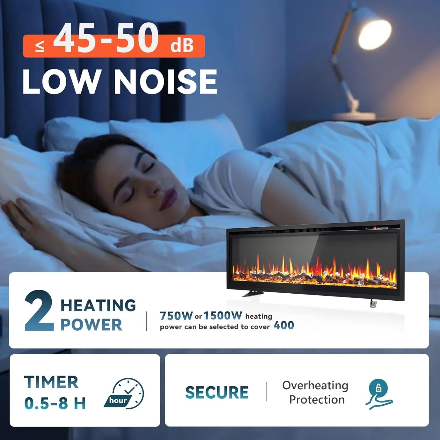 EUHOMY Cheminée électrique encastrée et murale de 50 pouces avec couleur de flamme réglable, chauffage de cheminée avec télécommande, cheminée linéaire avec minuterie, écran tactile, bûche et cristal, 750/1500 W