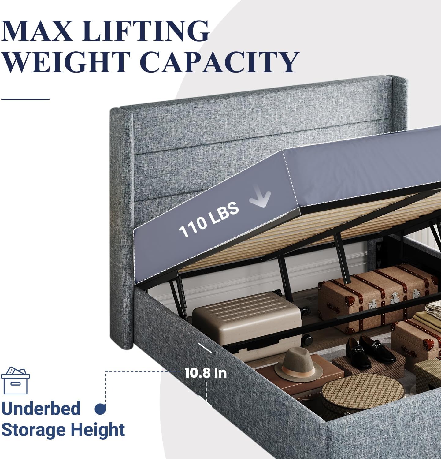 Lit queen-size relevable avec rangement Allewie, tête de lit à oreilles moderne et support hydraulique