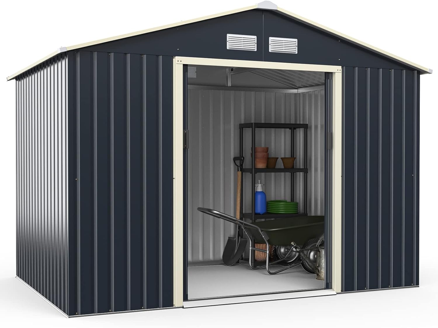 Abri de jardin en métal Costway + 1 kit d'extension avec 2 portes coulissantes verrouillables, 4 trous de ventilation, toit incliné pour vélo