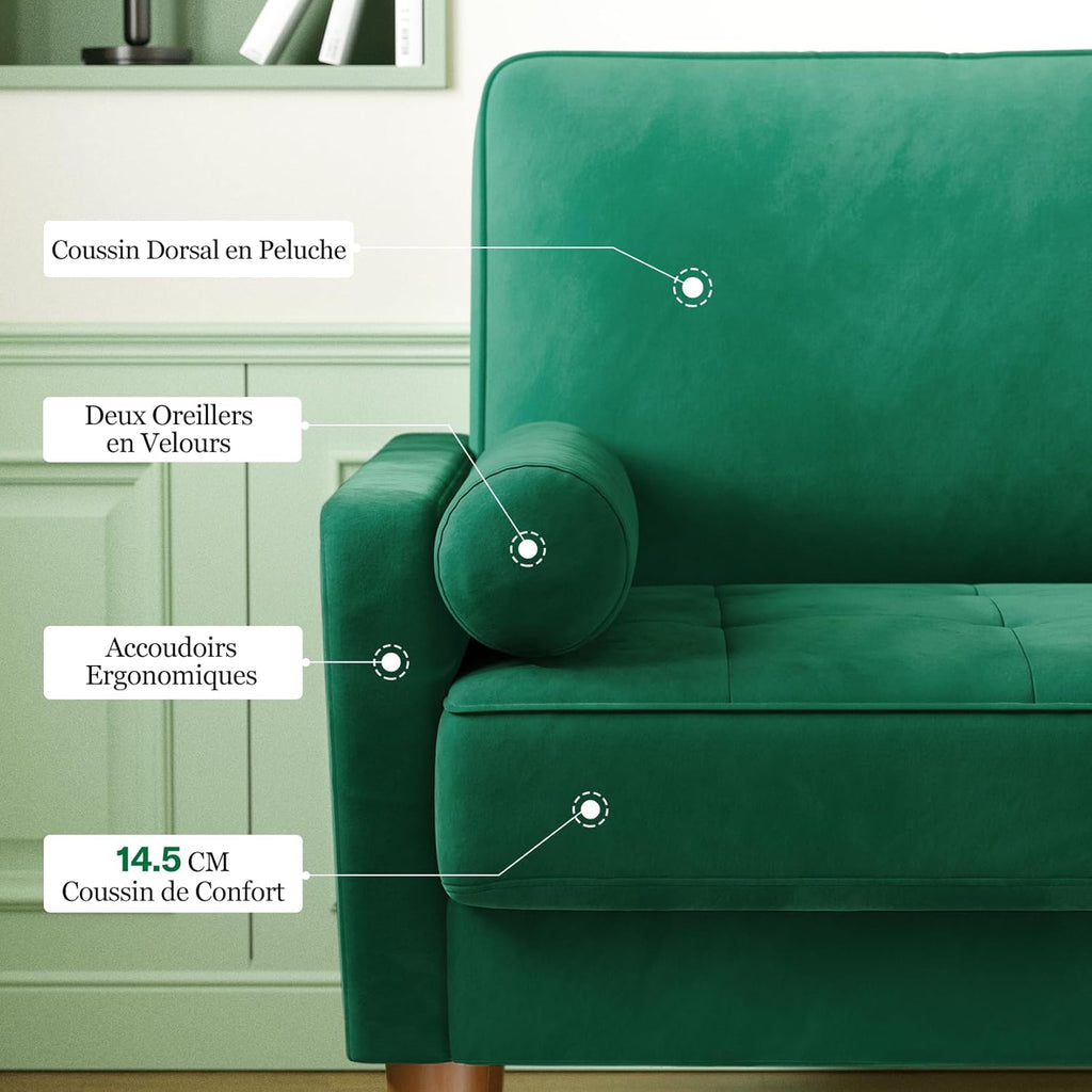 Vesgantti petit canapé gris, canapé en velours avec coussins à ressorts, accoudoirs