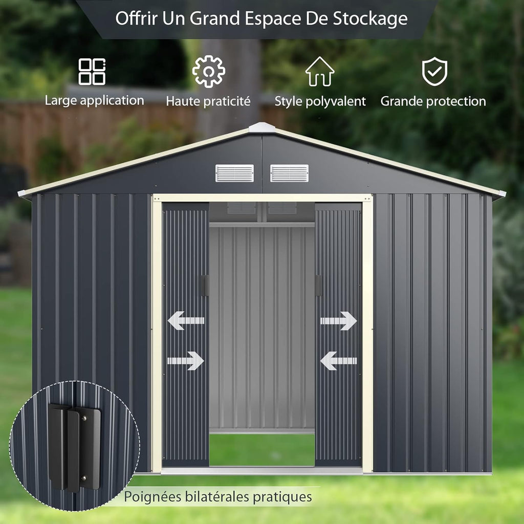 Abri de jardin en métal Costway + 1 kit d'extension avec 2 portes coulissantes verrouillables, 4 trous de ventilation, toit incliné pour vélo