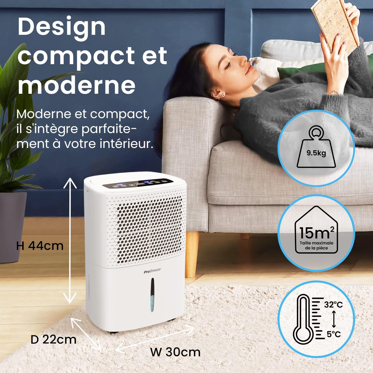 Déshumidificateur d'air silencieux 12L/jour - Absorbeur d'humidité - 40dB Réservoir d'eau de 1,8L Drainage continu Minuterie 24 heures 3 modes - Idéal pour prévenir l'humidité et la moisissure