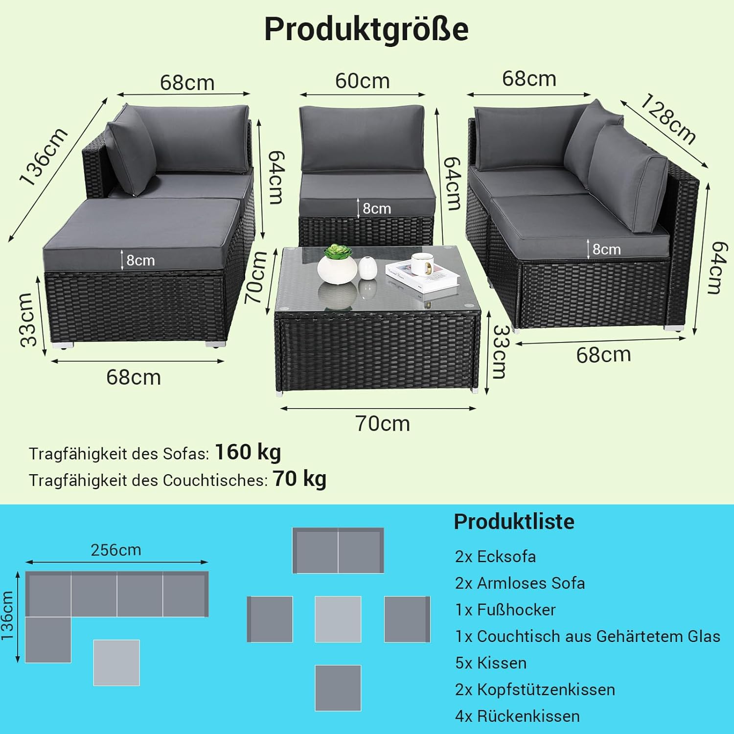 Ensemble de 6 meubles de jardin en rotin synthétique, canapés modulables pour 7 personnes, salon de jardin résistant aux intempéries avec 2 canapés d'angle, 2 fauteuils, 1 table basse avec plateau en verre