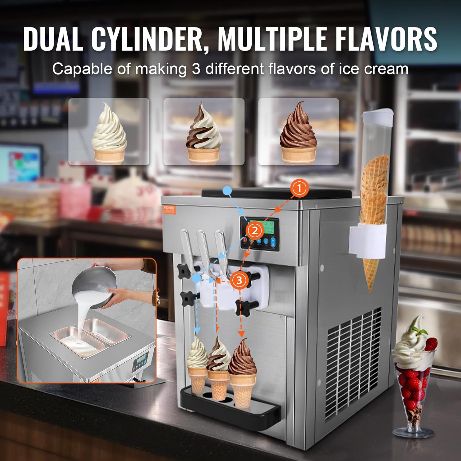 Machine à glace commerciale 20 l/h 1800 watts 3 parfums Machine à glace molle Trémie 2x4 l Pré-refroidissement Nettoyage automatique