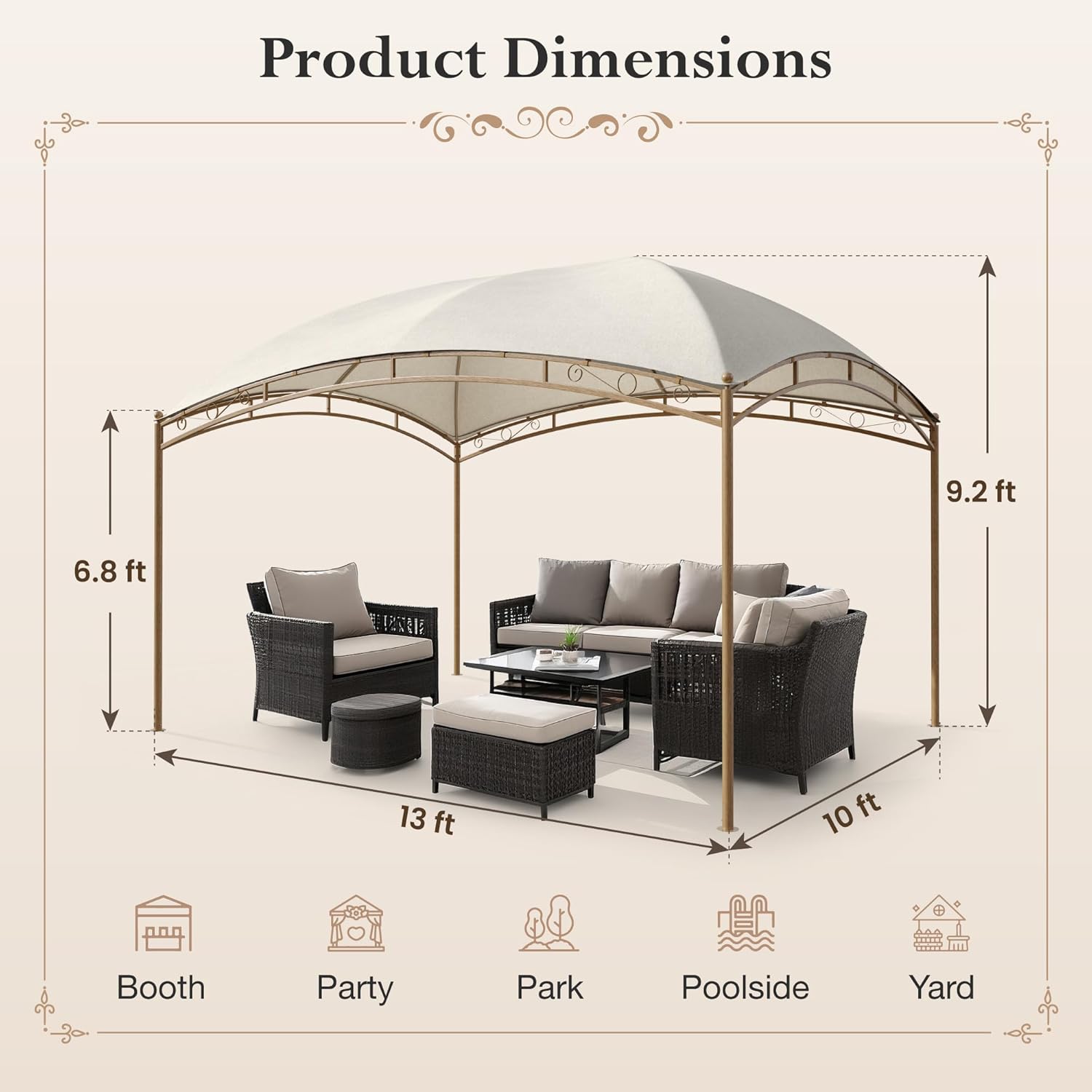 Gazebo 10 x 13, gazebo extérieur abrité, tente à auvent en métal robuste avec double toit et moustiquaire