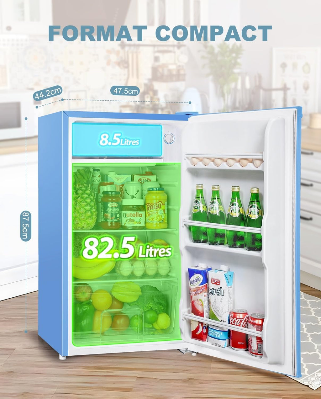 Mini réfrigérateur avec compartiment congélateur, bac à légumes 91L, thermostat réglable, silencieux