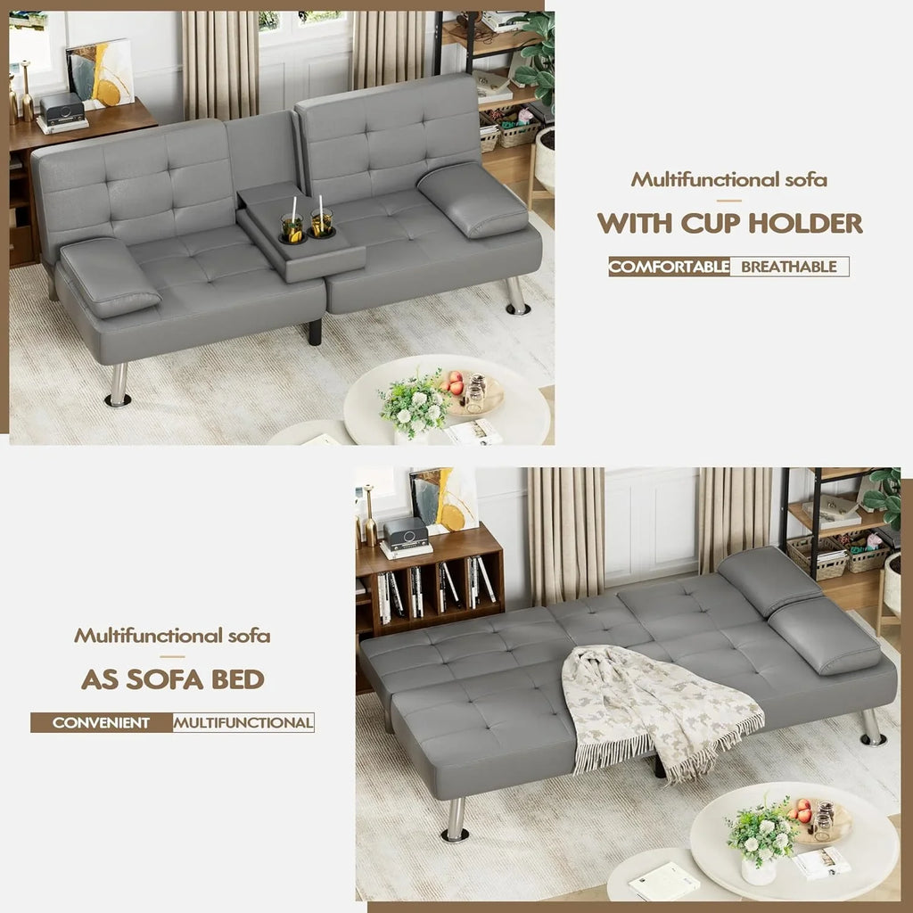 Canapé-lit futon Homall, canapé-lit futon en cuir avec accoudoirs amovibles, canapé-lit inclinable réglable avec deux porte-gobelets pour salon et appartement