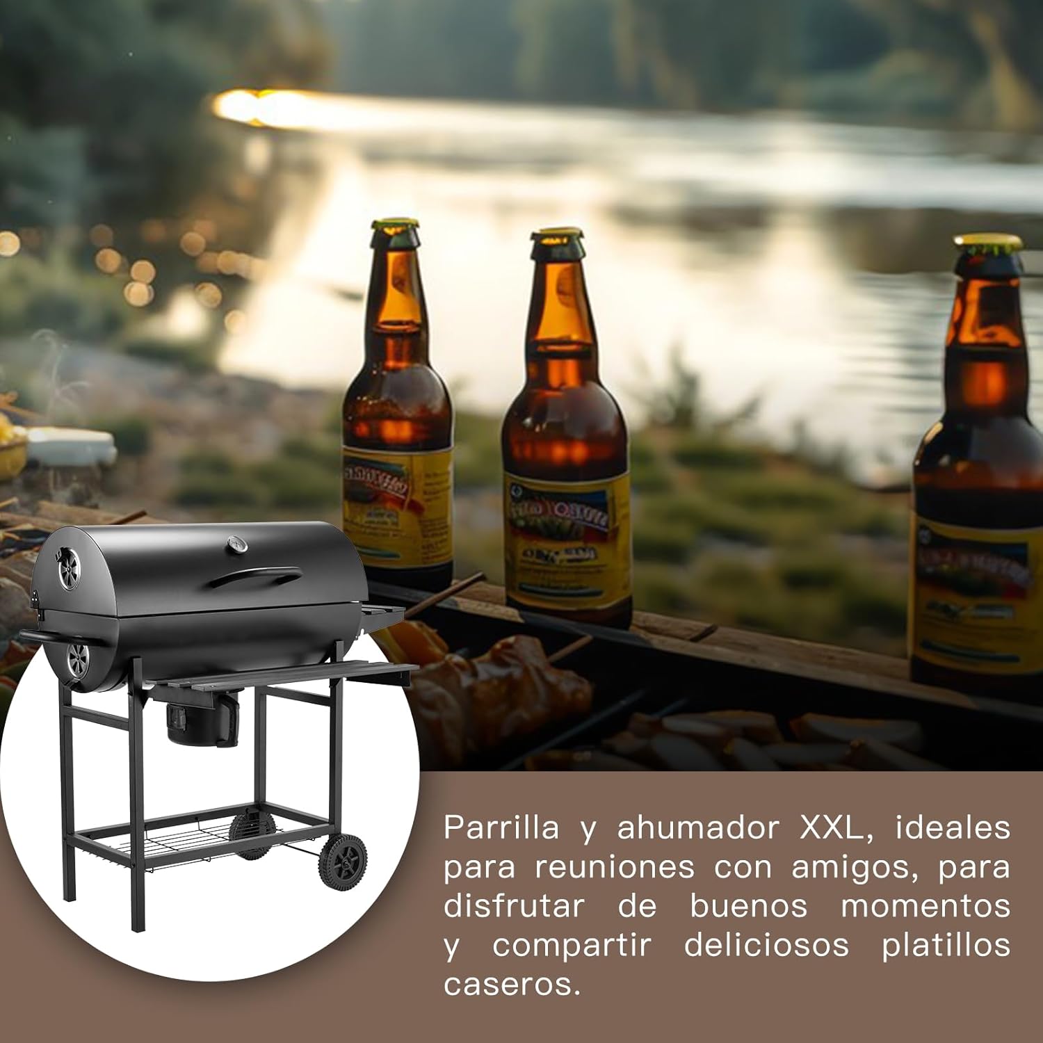 Grill à charbon TEENO, gril de cuisson XXL, gants anti-brûlure, thermomètre, tiroir à cendres,