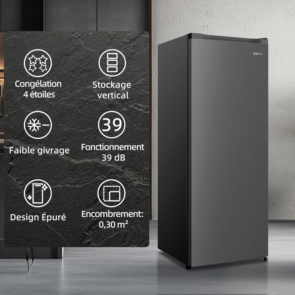 CHiQ Congélateur d'une capacité de 145 L, Congélation rapide, Thermostat réglable Silencieux Porte réversible, Noir, Classe énergétique E