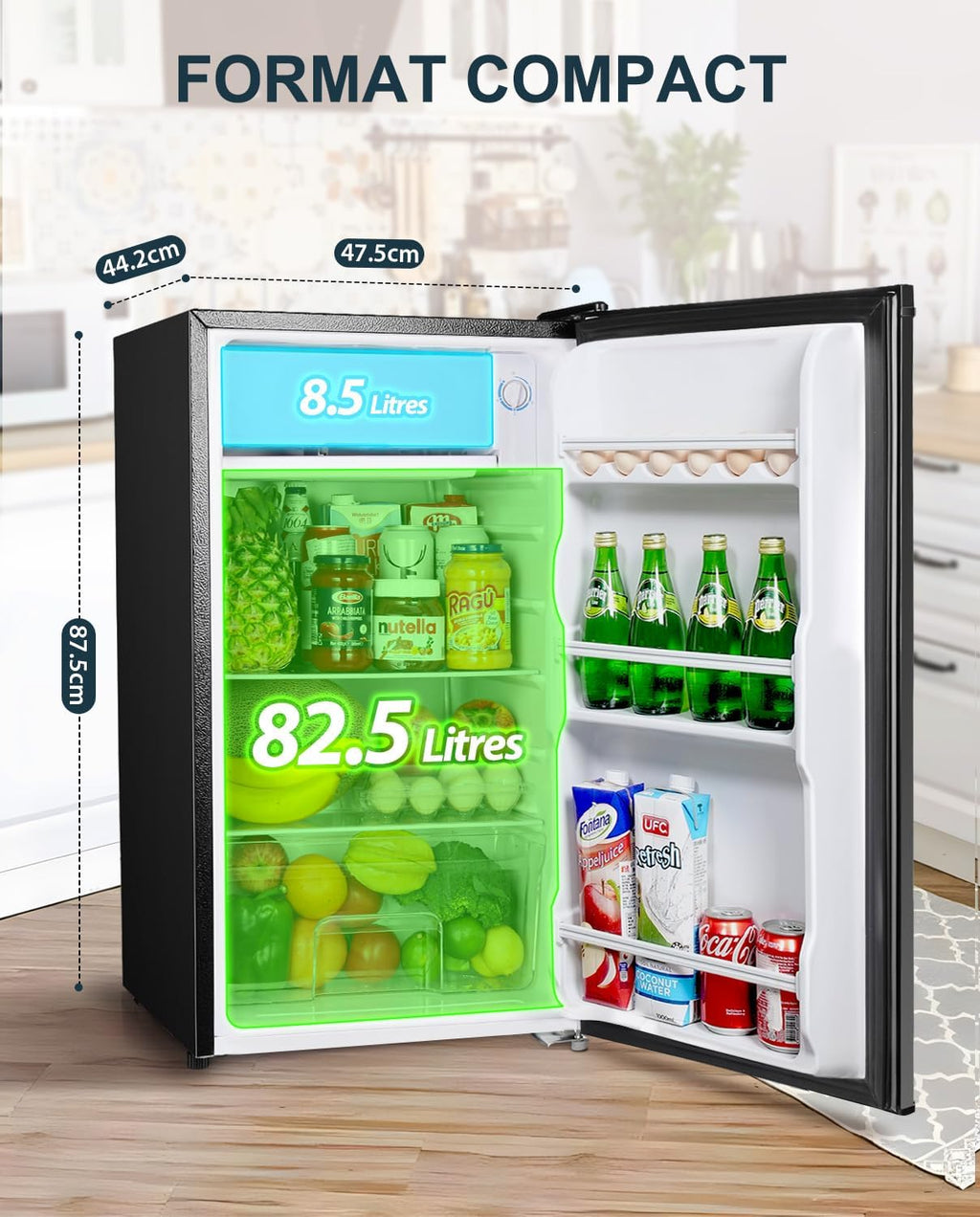 Mini réfrigérateur avec compartiment congélateur, bac à légumes 91L, thermostat réglable, silencieux