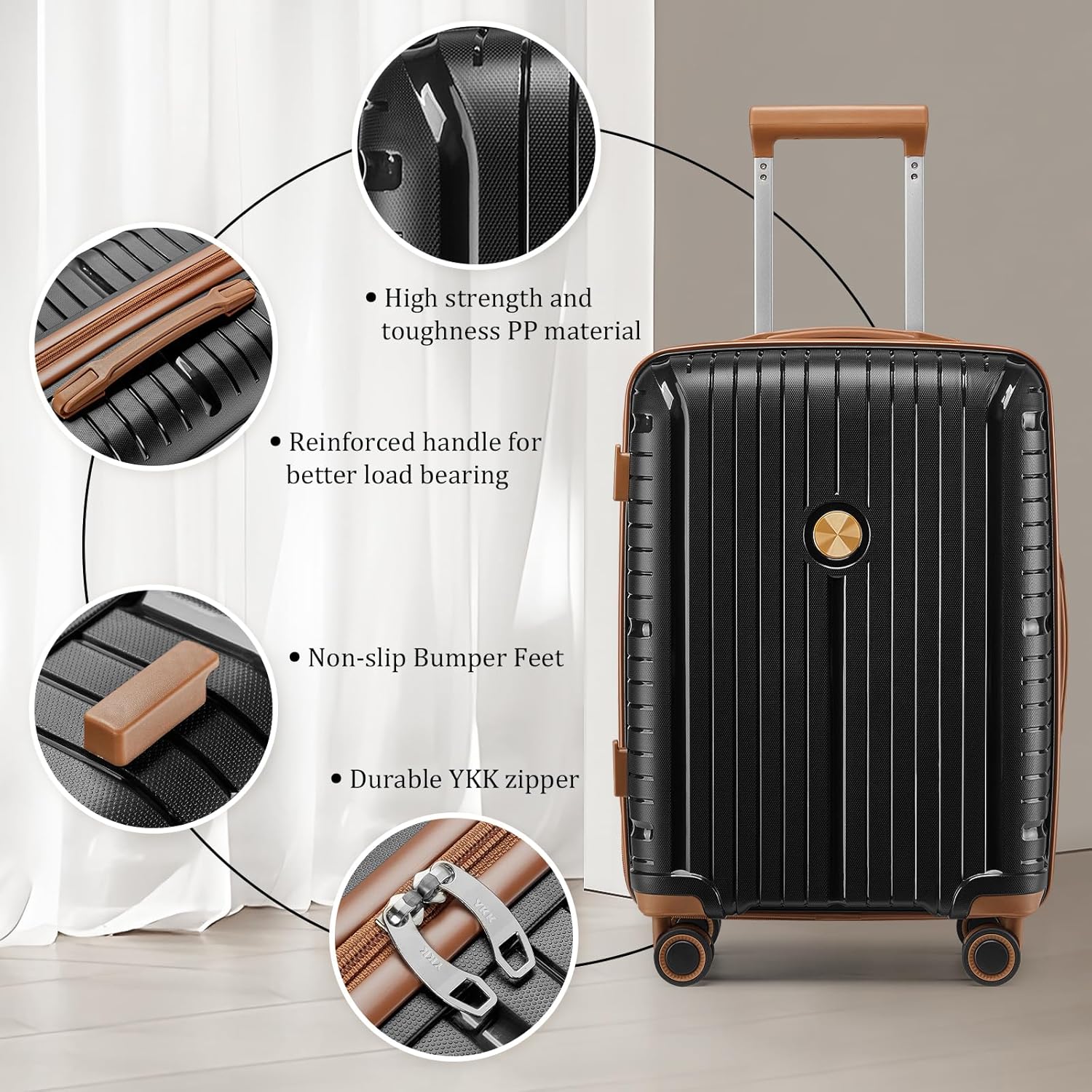 Ensemble de 5 valises de voyage légères à coque rigide en PP avec deux roulettes pivotantes et serrure TSA