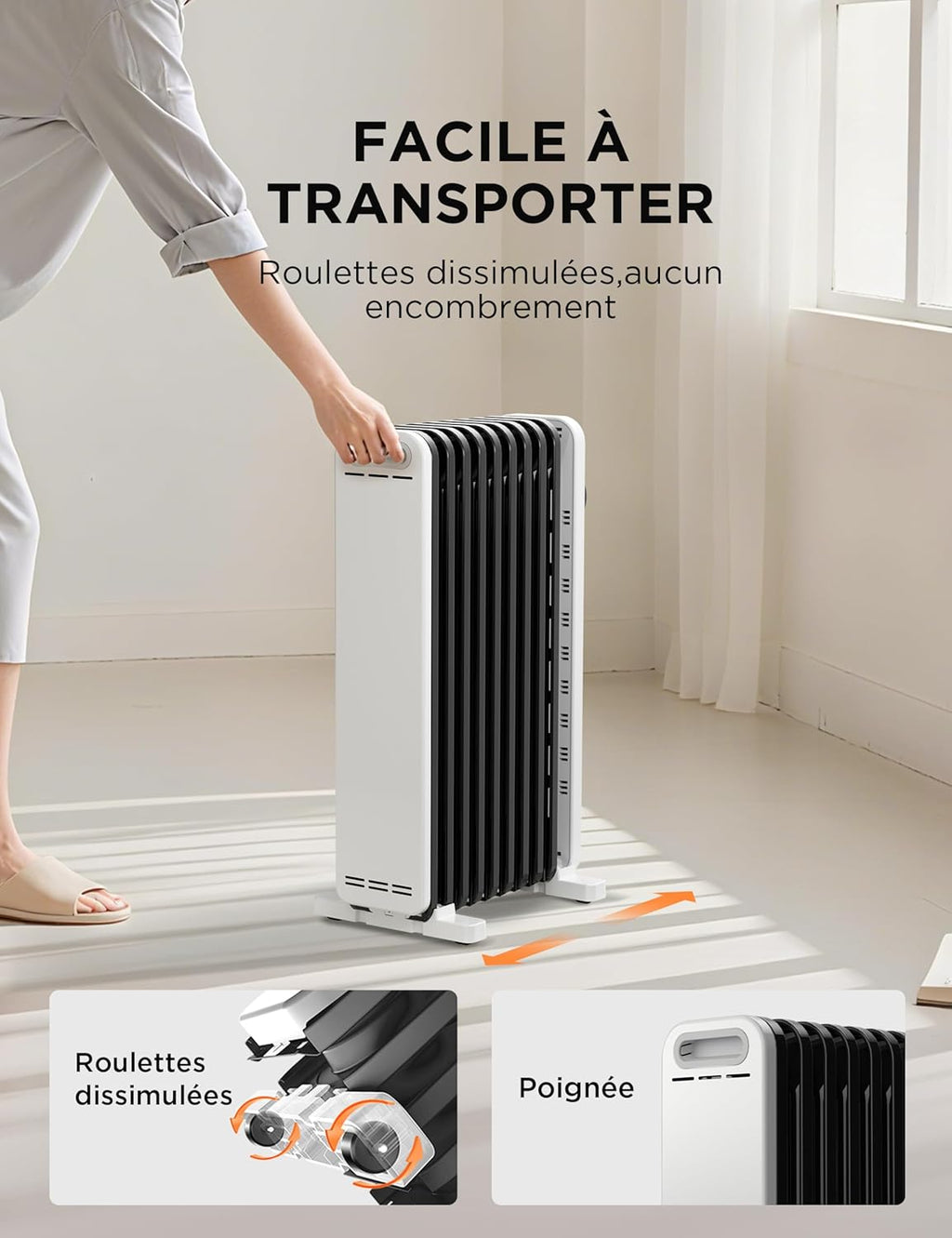 Radiateur à bain d'huile Midea 2000 W - 9 ailes, commande rotative, thermostat réglable