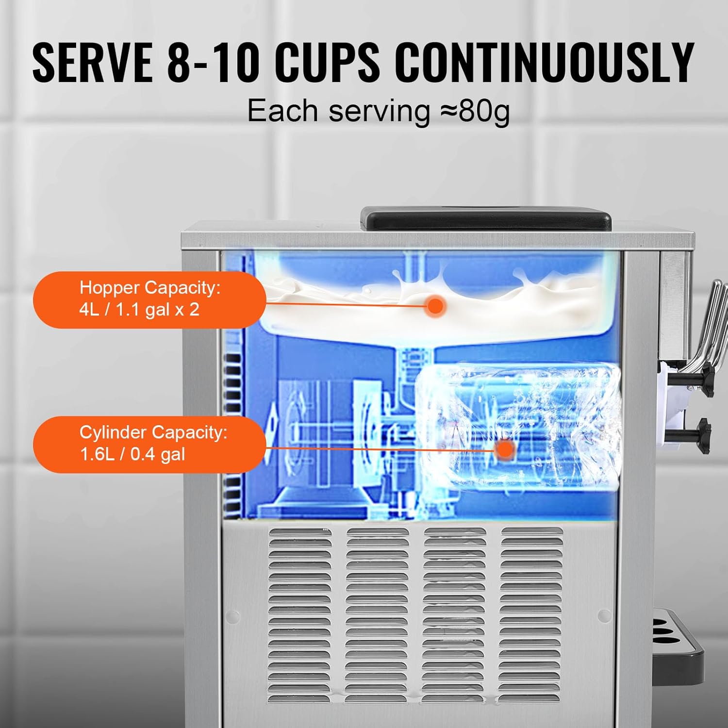 Machine à glace commerciale 20 l/h 1800 watts 3 parfums Machine à glace molle Trémie 2x4 l Pré-refroidissement Nettoyage automatique
