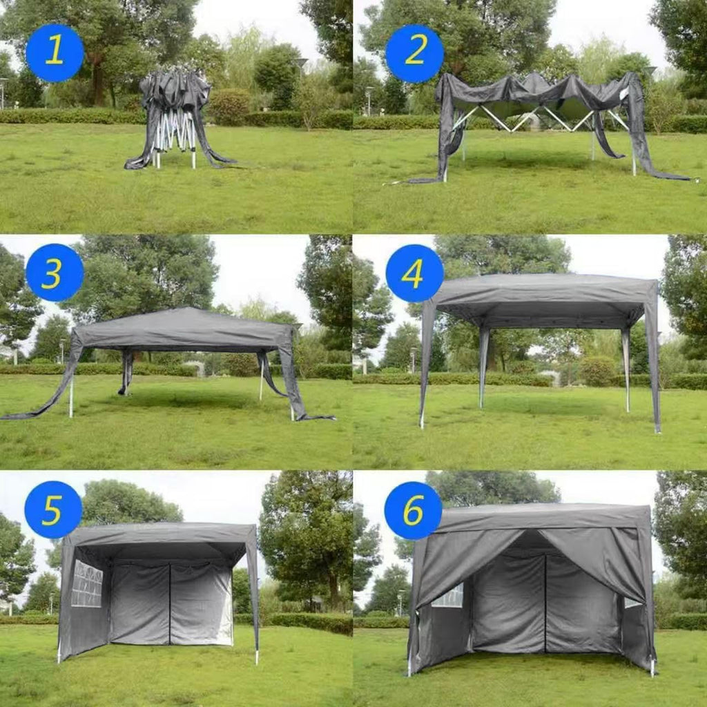 ISE opvouwbare partytent, 3x3 opvouwbare partytent met gordijnen, tuinpaviljoen, in hoogte verstelbare opvouwbare partytent, 3x3 tent, tuinpaviljoen met UV50+ bescherming, duurzame campingpartytenten 