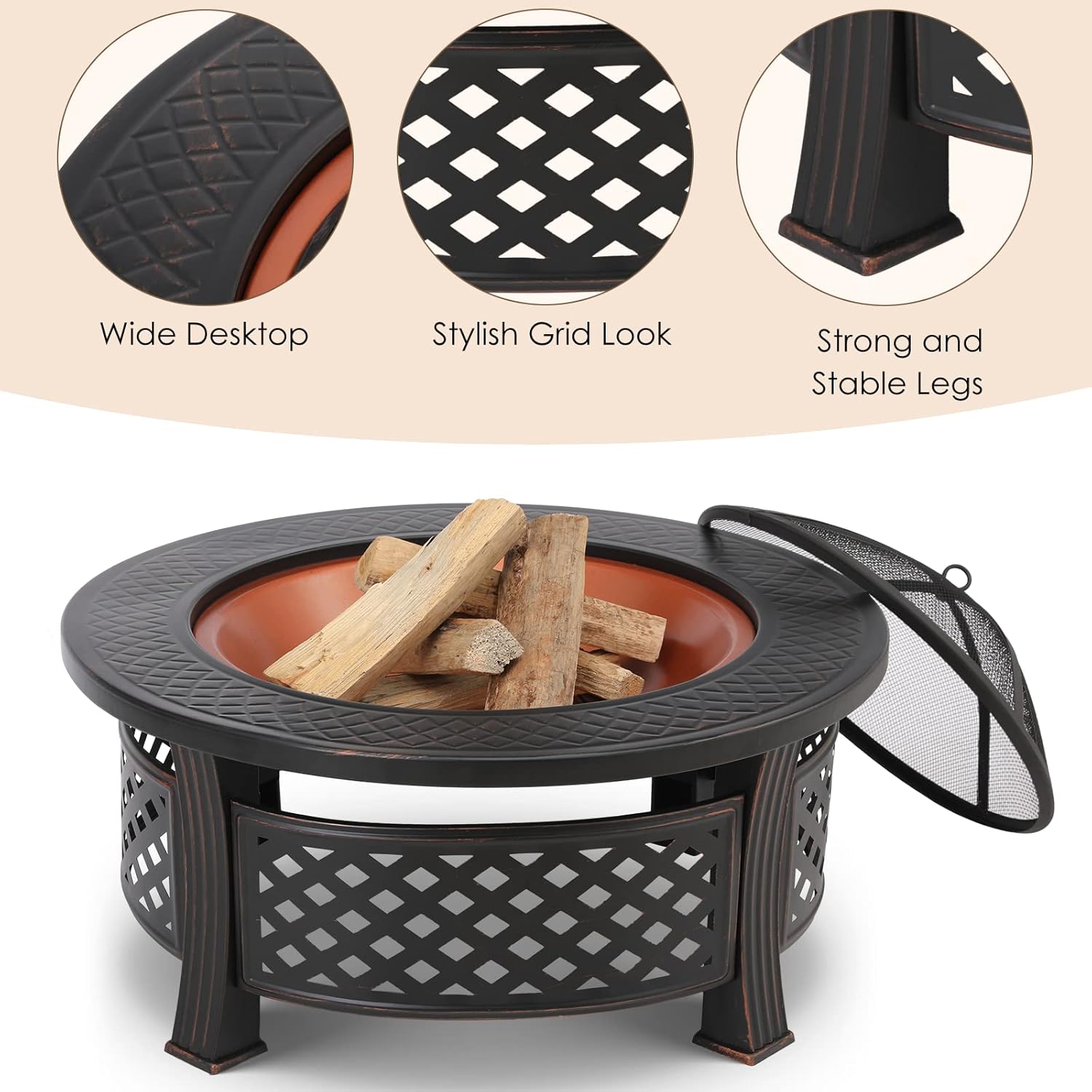 Foyer de barbecue extérieur avec protection, foyer de jardin 3 en 1 chauffé pour l'hiver