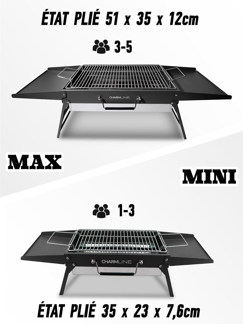 Barbecue portable compact au charbon de bois pour l'extérieur, 34 x 23 cm