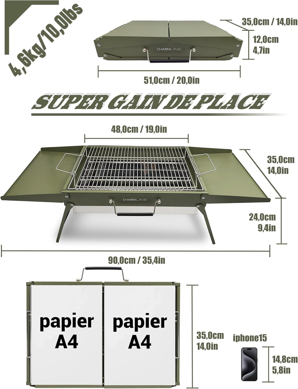 Barbecue portable compact au charbon de bois pour l'extérieur, 34 x 23 cm