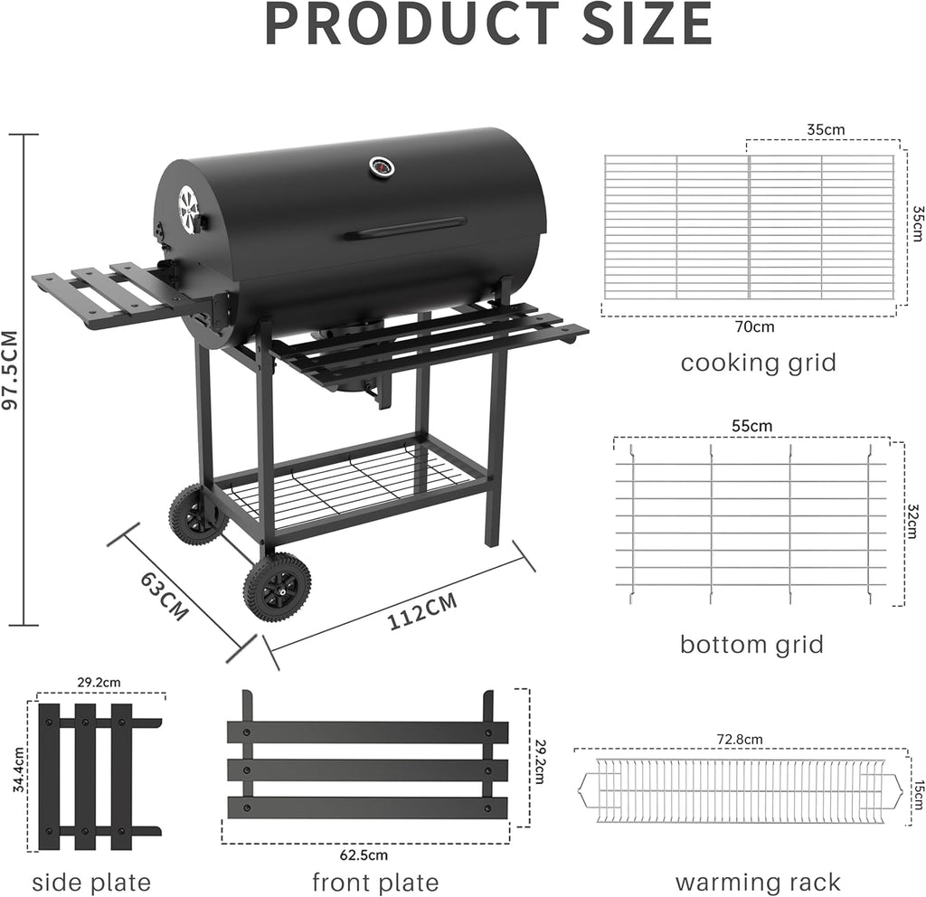 Grill à charbon TEENO, gril de cuisson XXL, gants anti-brûlure, thermomètre, tiroir à cendres,