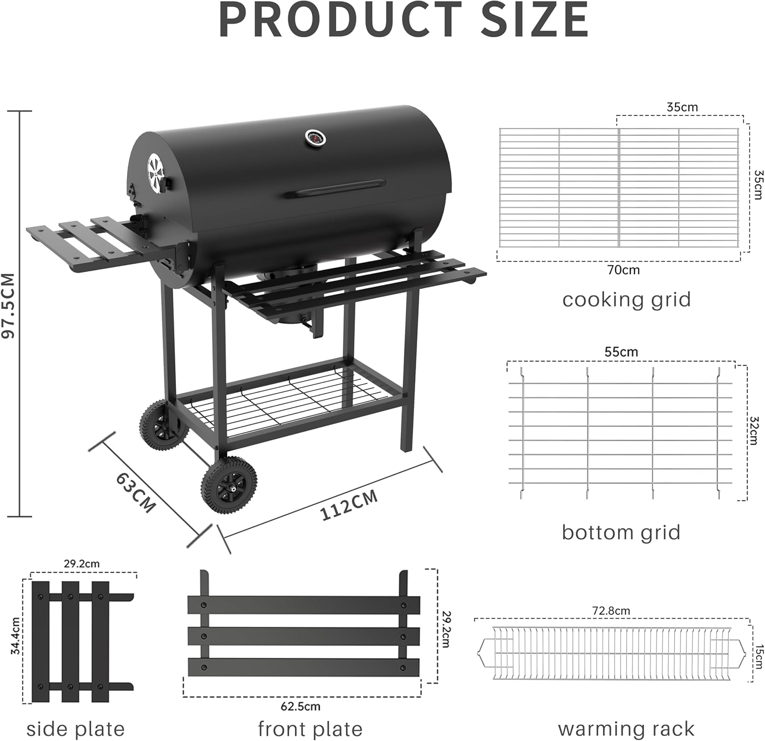 Grill à charbon TEENO, gril de cuisson XXL, gants anti-brûlure, thermomètre, tiroir à cendres,