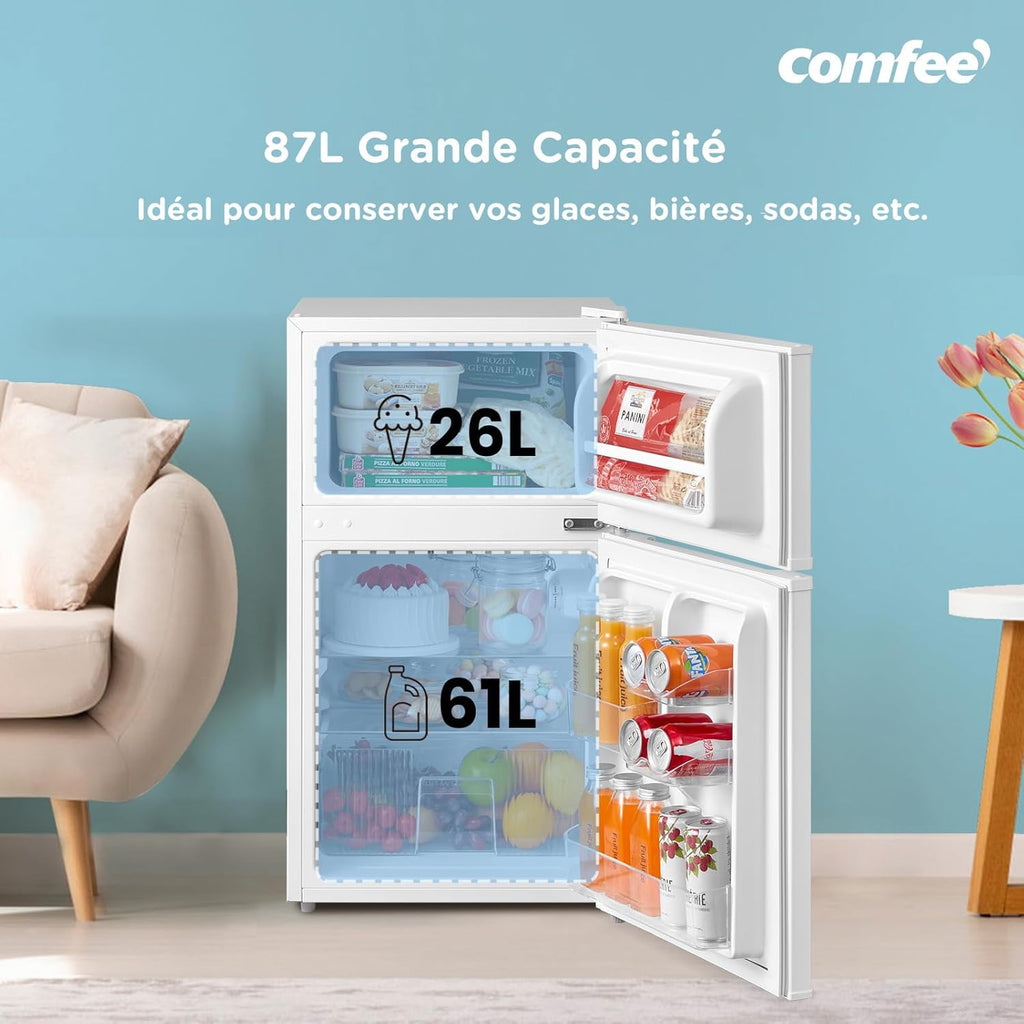 Réfrigérateur-congélateur sous-sol 87 L Compact Avec éclairage Clayettes amovibles Thermostat réglable Porte réversible