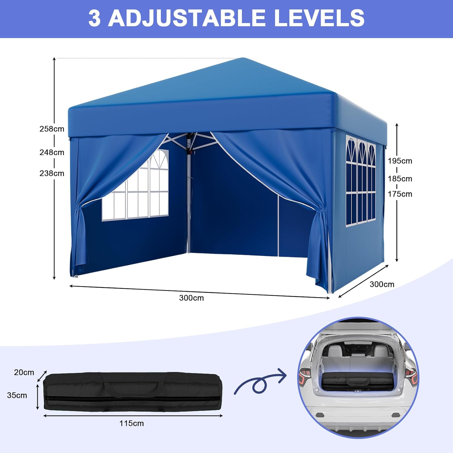 JUMMICO Waterdichte opvouwbare tuinpaviljoen, tuinpaviljoen voor buiten, in hoogte verstelbaar, Barnum UV50+, paviljoen voor kamperen, festivals, strand, tuinen 