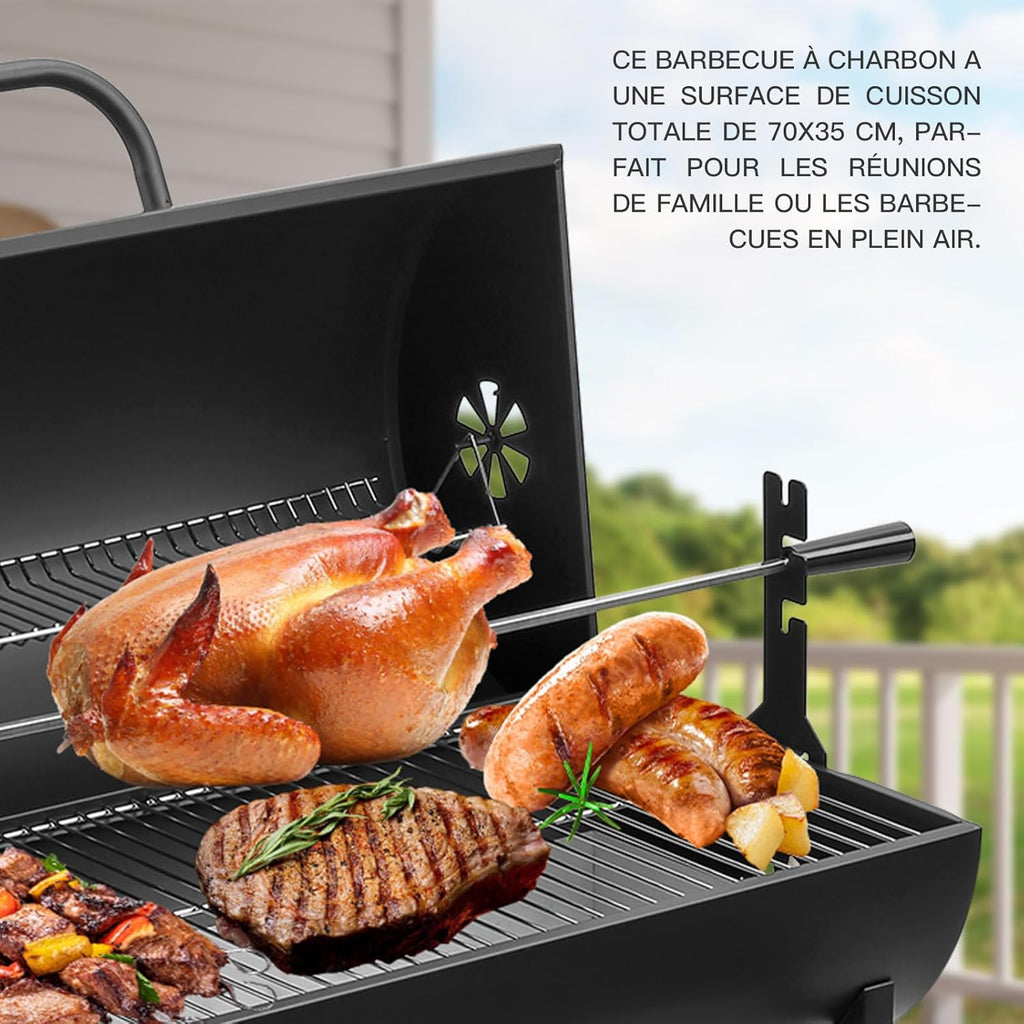 Grill à charbon TEENO, gril de cuisson XXL, gants anti-brûlure, thermomètre, tiroir à cendres,