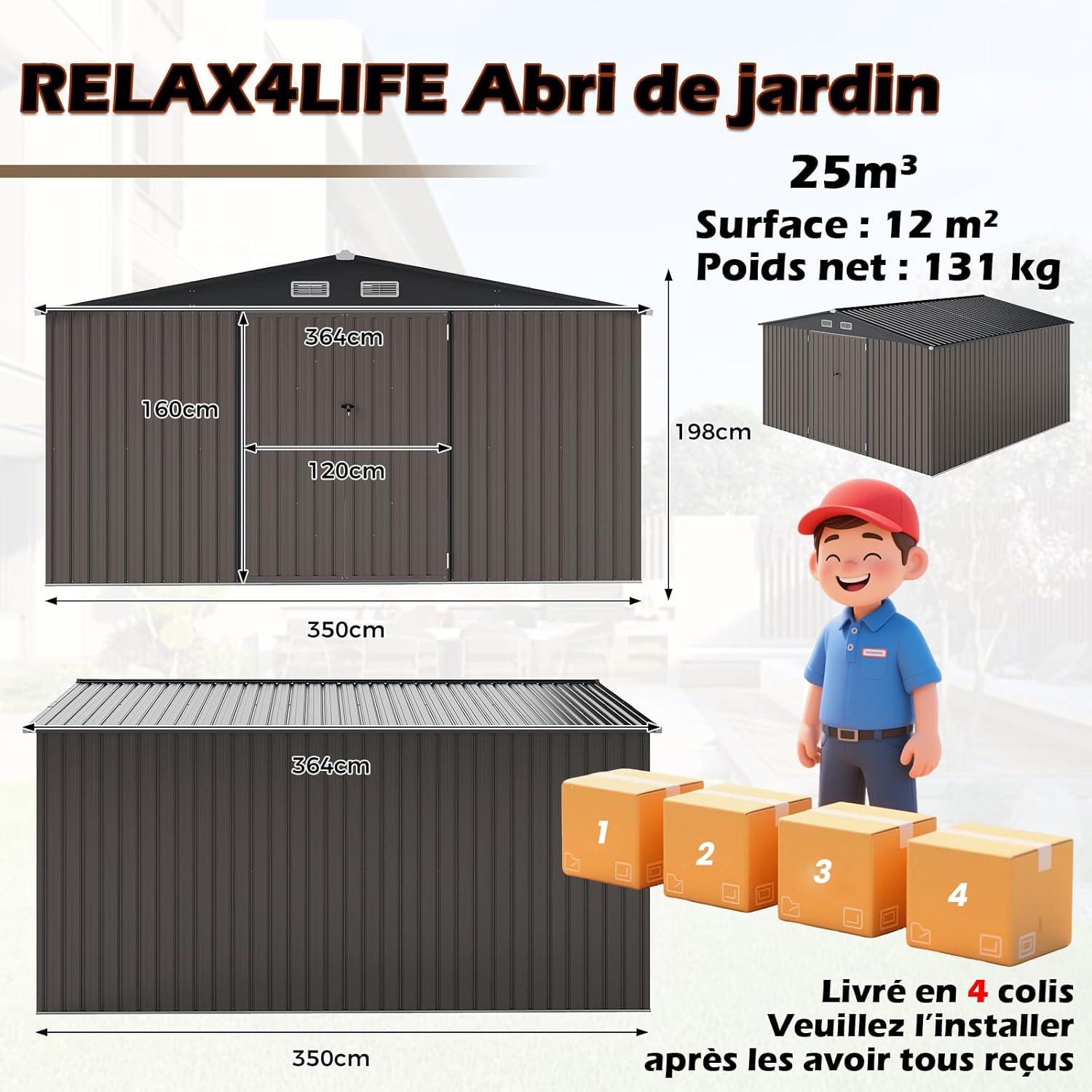 RELAX4LIFE Abri de Jardin en Métal 350x223x197cm, Cabane de Stockage 15m3 8m2 avec 2 Portes, Toit Incliné, Fenêtre de Ventilation pour Vélo Tondeuse, Organisateur Extérieur pour Jardin Patio (15m³)