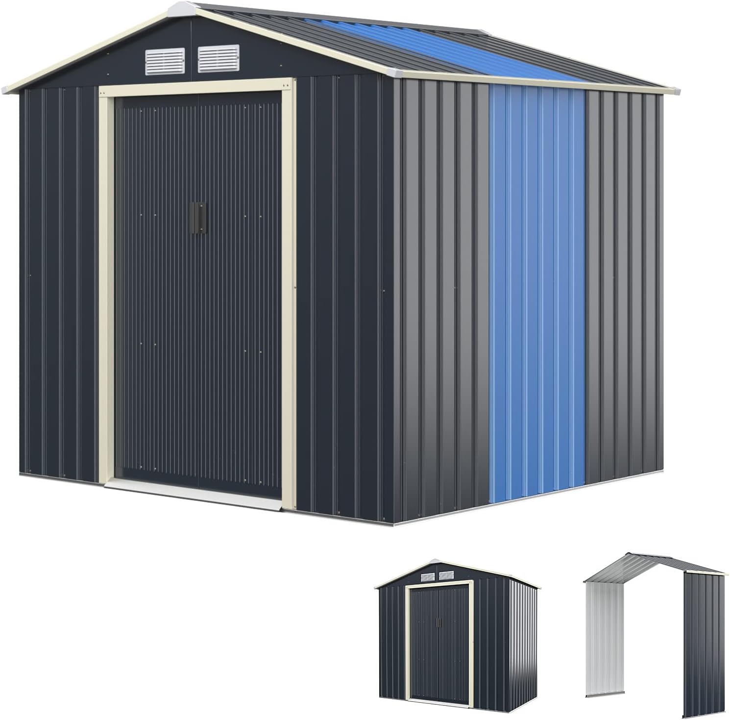 Abri de jardin en métal Costway + 1 kit d'extension avec 2 portes coulissantes verrouillables, 4 trous de ventilation, toit incliné pour vélo