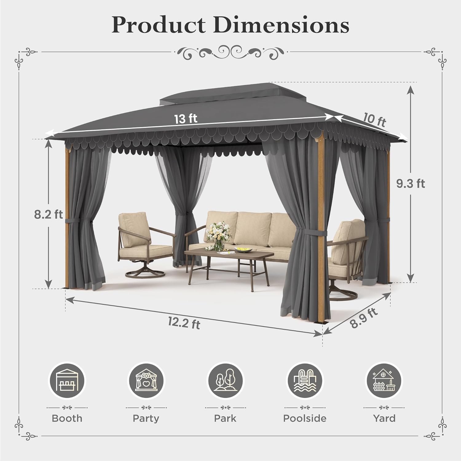 Gazebo 10 x 13, gazebo extérieur abrité, tente à auvent en métal robuste avec double toit et moustiquaire