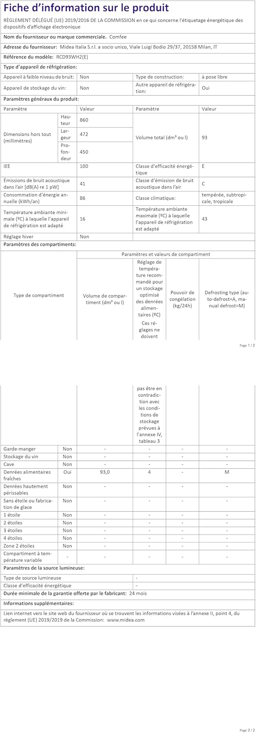 Comfee' RCD50WH2(E) Mini Réfrigérateur/Glacière 43L avec Compartiment Congélateur/Petit Réfrigérateur pour Chambre et Bureau/Refroidissement Rapide dans le Refroidisseur/Contrôle de Température/Blanc