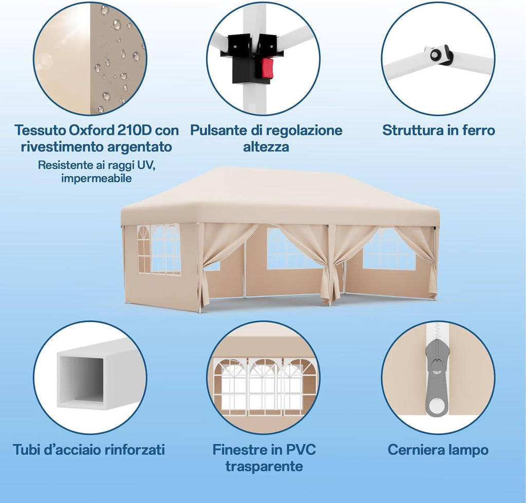 JUMMICO Waterdichte opvouwbare tuinpaviljoen, tuinpaviljoen voor buiten, in hoogte verstelbaar, Barnum UV50+, paviljoen voor kamperen, festivals, strand, tuinen 