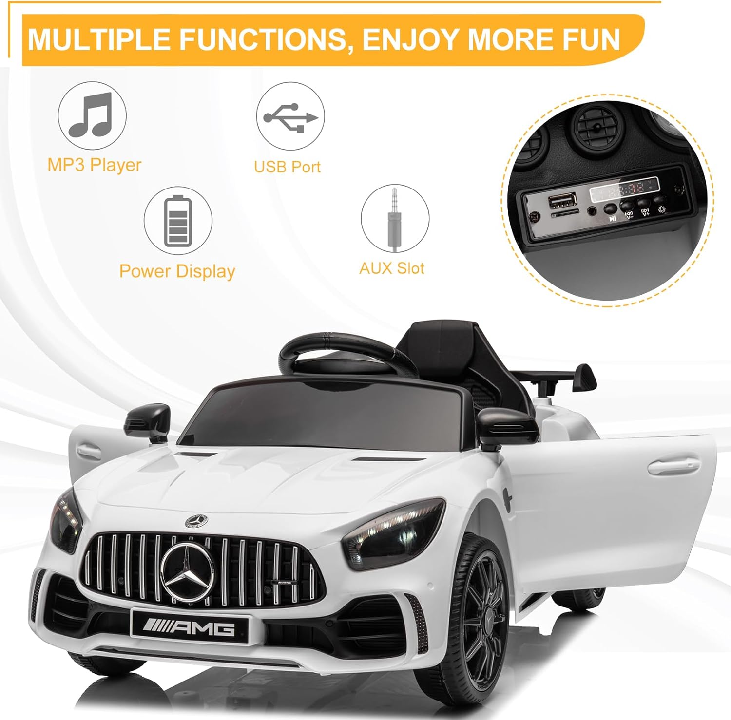 LALAHO Voitures électriques pour Enfants Mercedes Benz AMG avec Télécommande 2.4G, Véhicule électrique Enfant 2 Portes avec MP3 (Blanc)