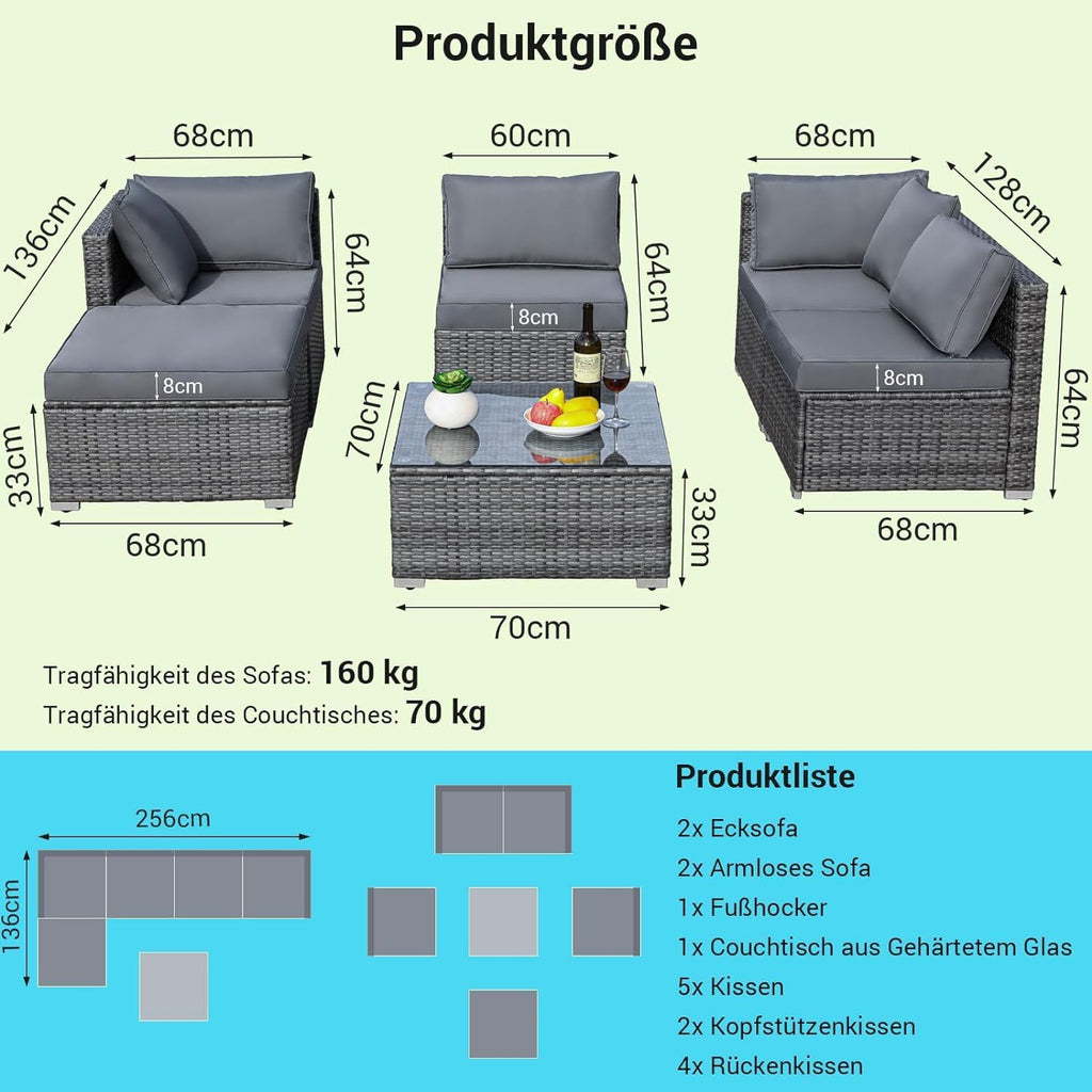 Ensemble de 6 meubles de jardin en rotin synthétique, canapés modulables pour 7 personnes, salon de jardin résistant aux intempéries avec 2 canapés d'angle, 2 fauteuils, 1 table basse avec plateau en verre