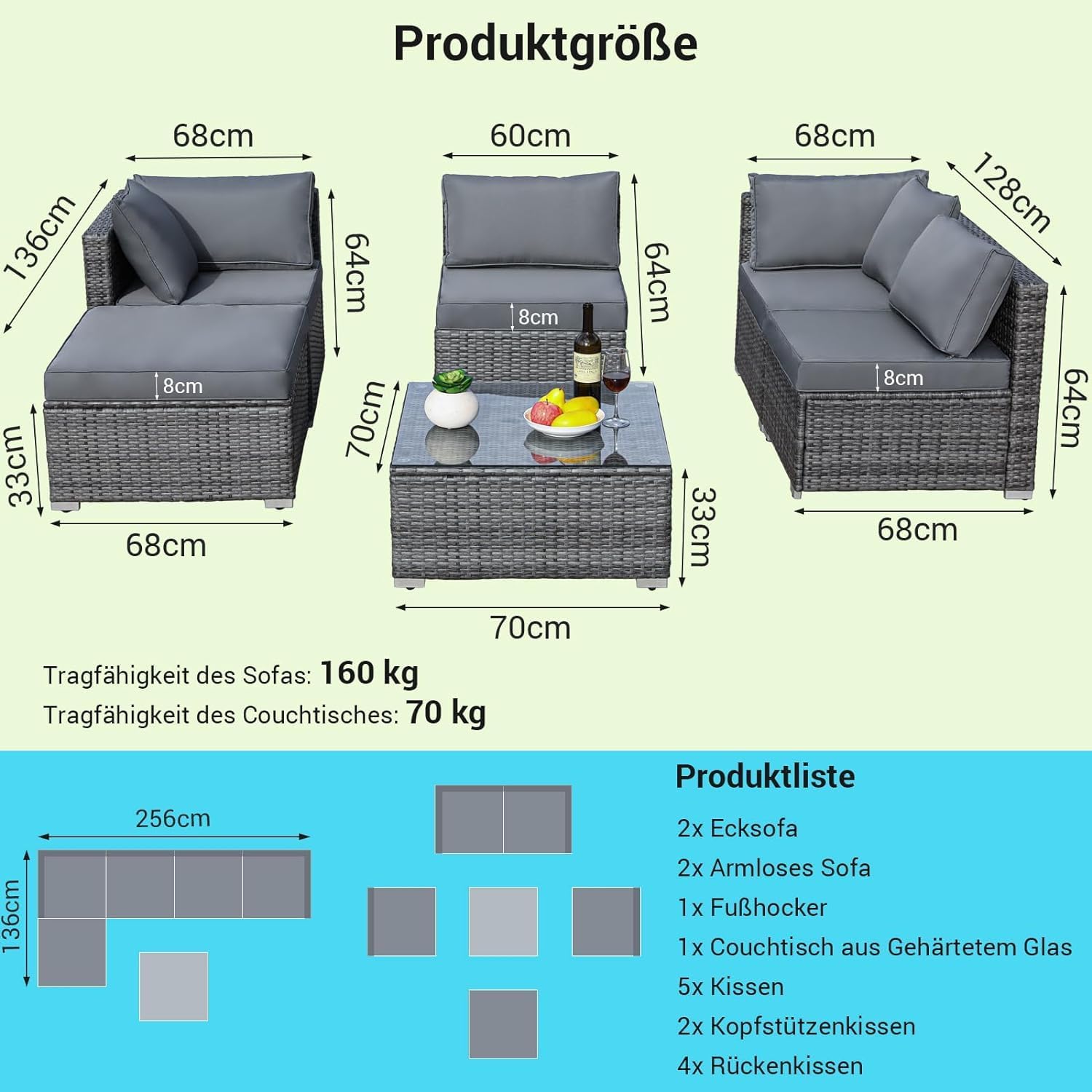 Ensemble de 6 meubles de jardin en rotin synthétique, canapés modulables pour 7 personnes, salon de jardin résistant aux intempéries avec 2 canapés d'angle, 2 fauteuils, 1 table basse avec plateau en verre